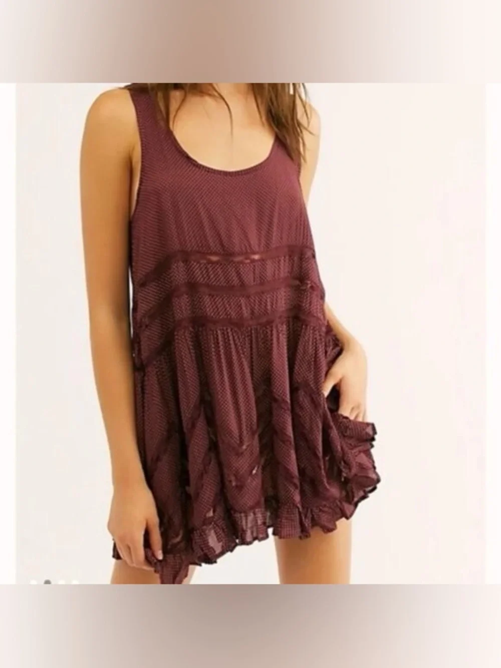 Free People Voile Trapeze Slip Mini Dress in Burgundy Polka Dot, Size XS
